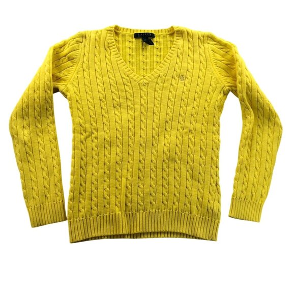 Lauren Ralph Lauren Womens Sweater Small Yellow Cable Knit V-Neck Pullover Cozy - Picture 1 of 12